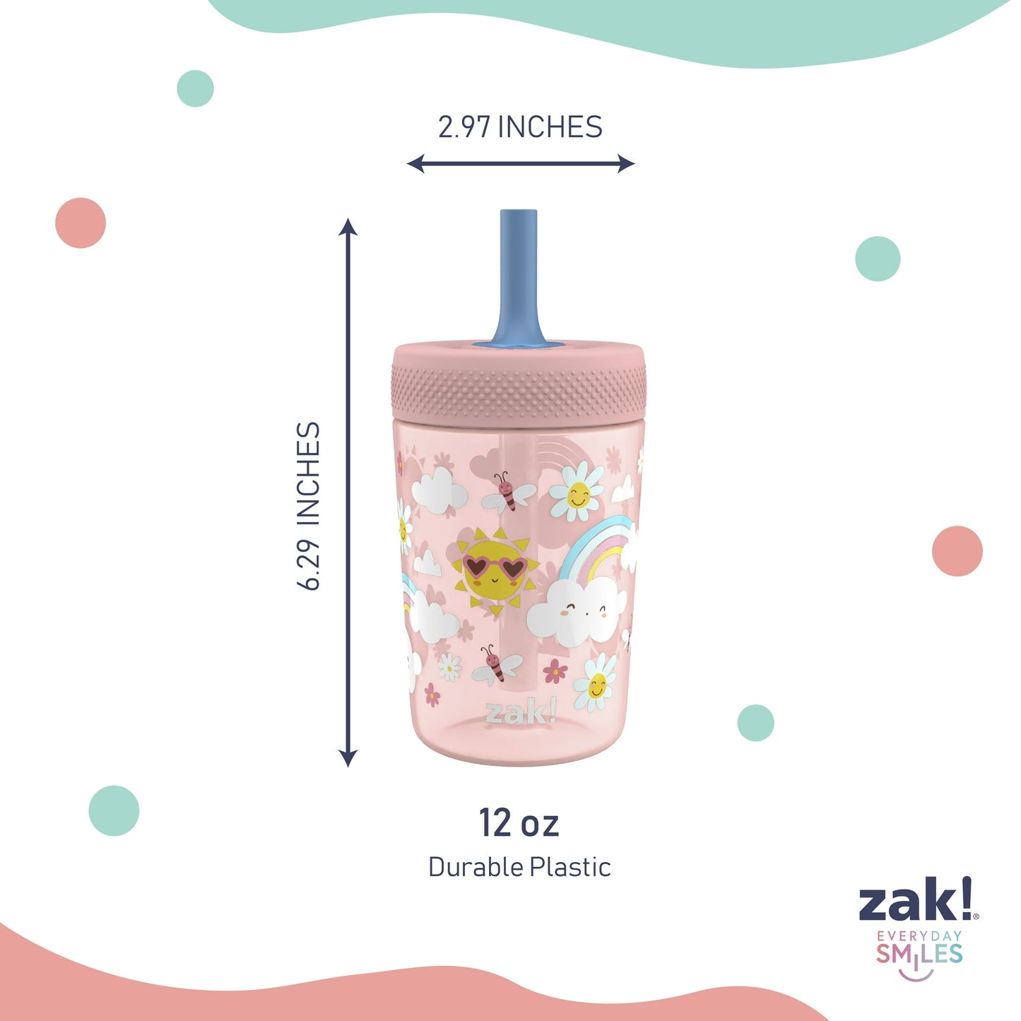 Zak Designs Tumbler, Soft Straw Tumbler for Toddlers, 12oz, Leak-Proof, Easy to Hold, Sunshine and Rainbows
