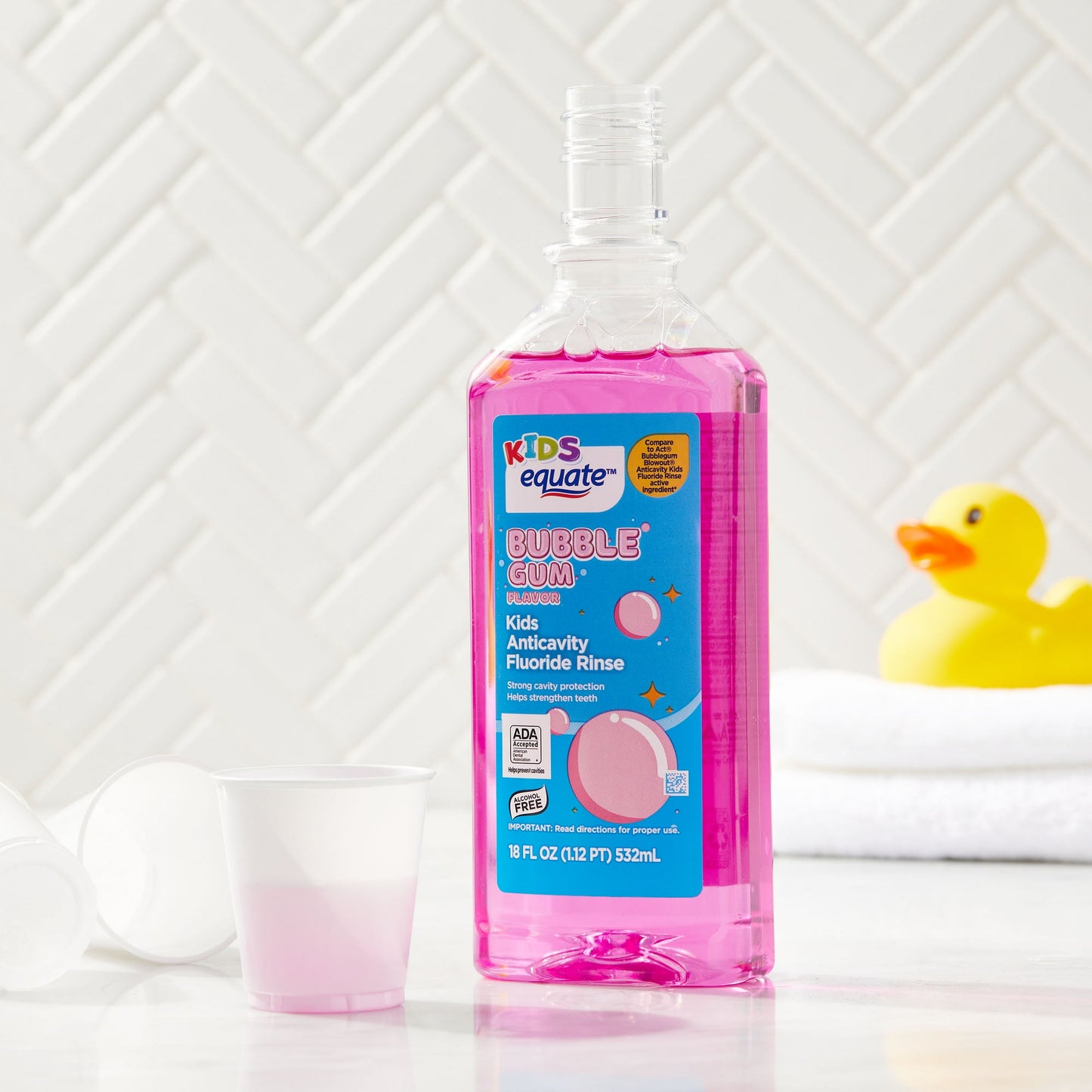 Equate Kids Sugar-Free Kids Anticavity Fluoride Rinse, Bubble Gum Flavor, 18 fl oz, Compare to Act Bubblegum Blowout Fluoride Rinse Active Ingredient