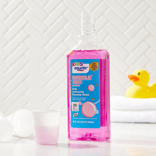 Equate Kids Sugar-Free Kids Anticavity Fluoride Rinse, Bubble Gum Flavor, 18 fl oz, Compare to Act Bubblegum Blowout Fluoride Rinse Active Ingredient