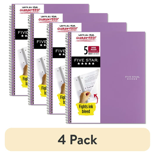 Five Star Spiral Notebook + Study App, 5 Subject, Wide Ruled, 8" x 10.5", Amethyst