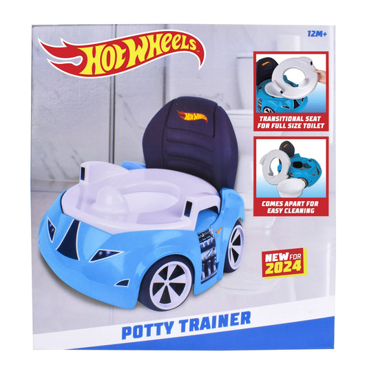 A blue race car-shaped potty trainer, shown packaged with features highlighted, appears on a white background