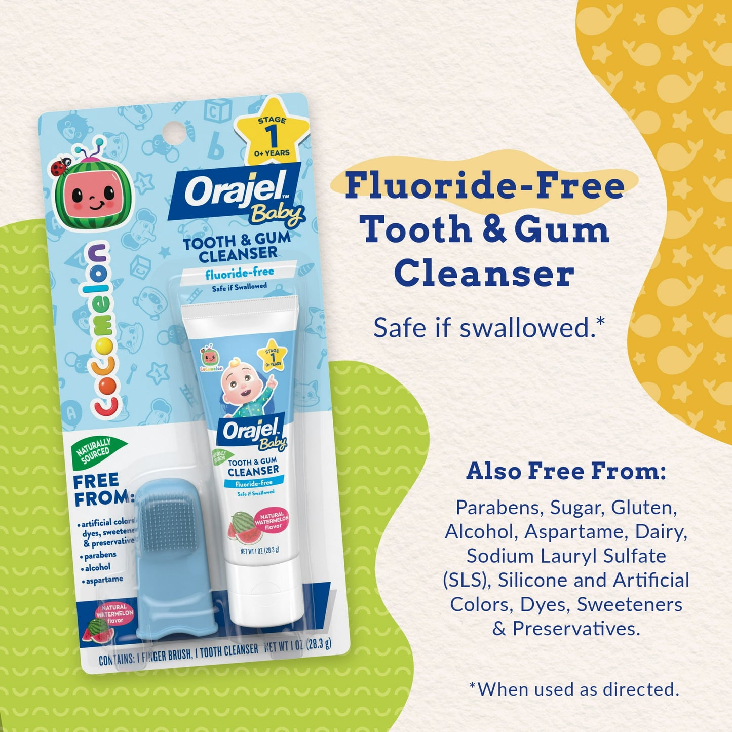Orajel Baby CoComelon Fluoride-Free Toothpaste Watermelon Flavor, 1oz, and Soft Finger Brush