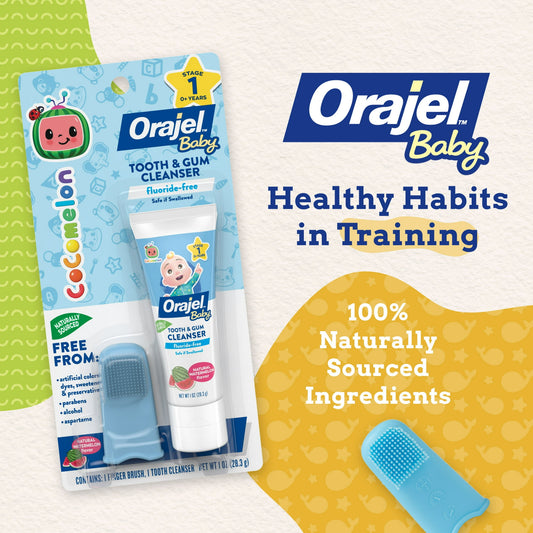 Orajel Baby CoComelon Fluoride-Free Toothpaste Watermelon Flavor, 1oz, and Soft Finger Brush