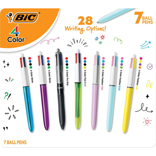 4 Color ballpoint pens with various colors on a white background