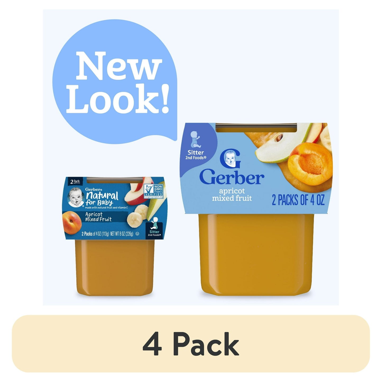 4 containers of baby food with a 'New Look!' label and '4 Pack' text on a white background.
