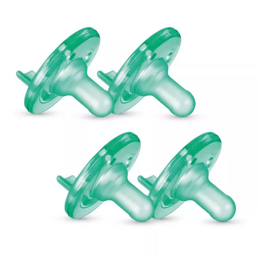 4 green pacifiers on a white background