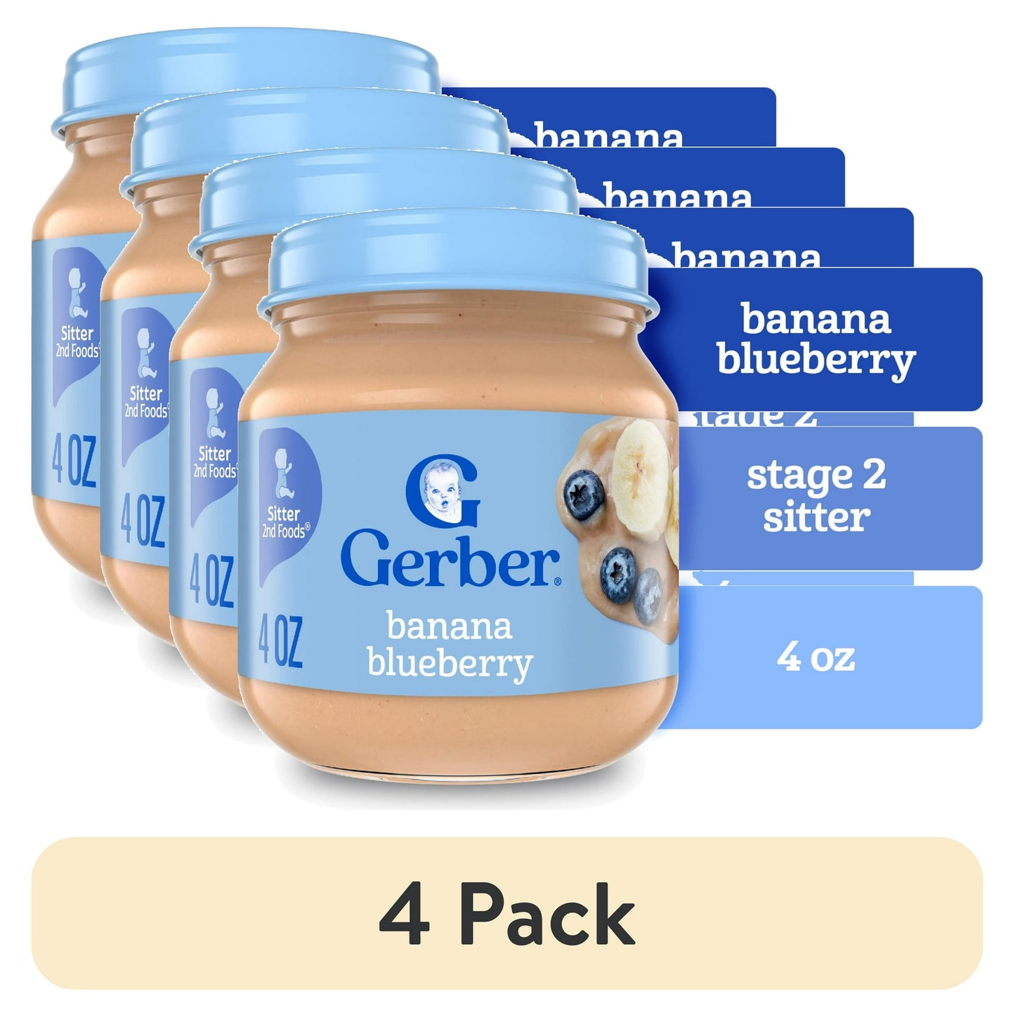 4 pack Jar of Gerber banana blueberry baby food with blue lid and label.