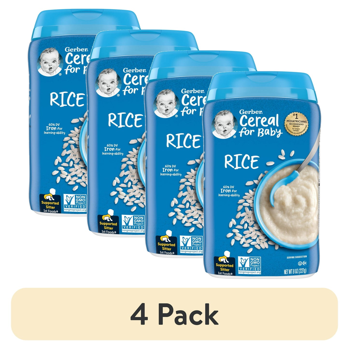 4 pack Single-grain rice cereal – 8 oz canister of smooth and easy-to-digest cereal for stage 1 infants.