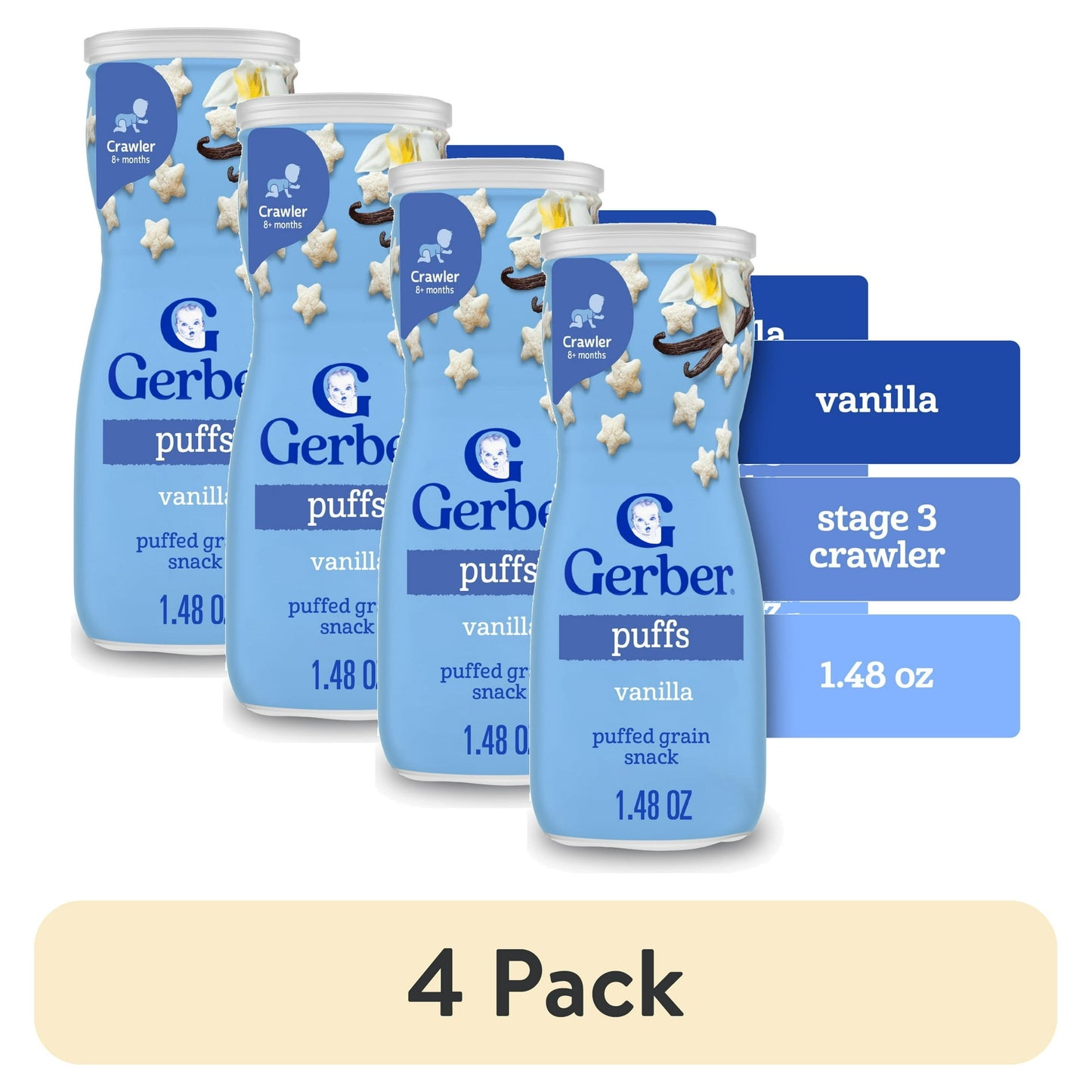 4 pack baby food Vanilla Puffs packaging on a white background