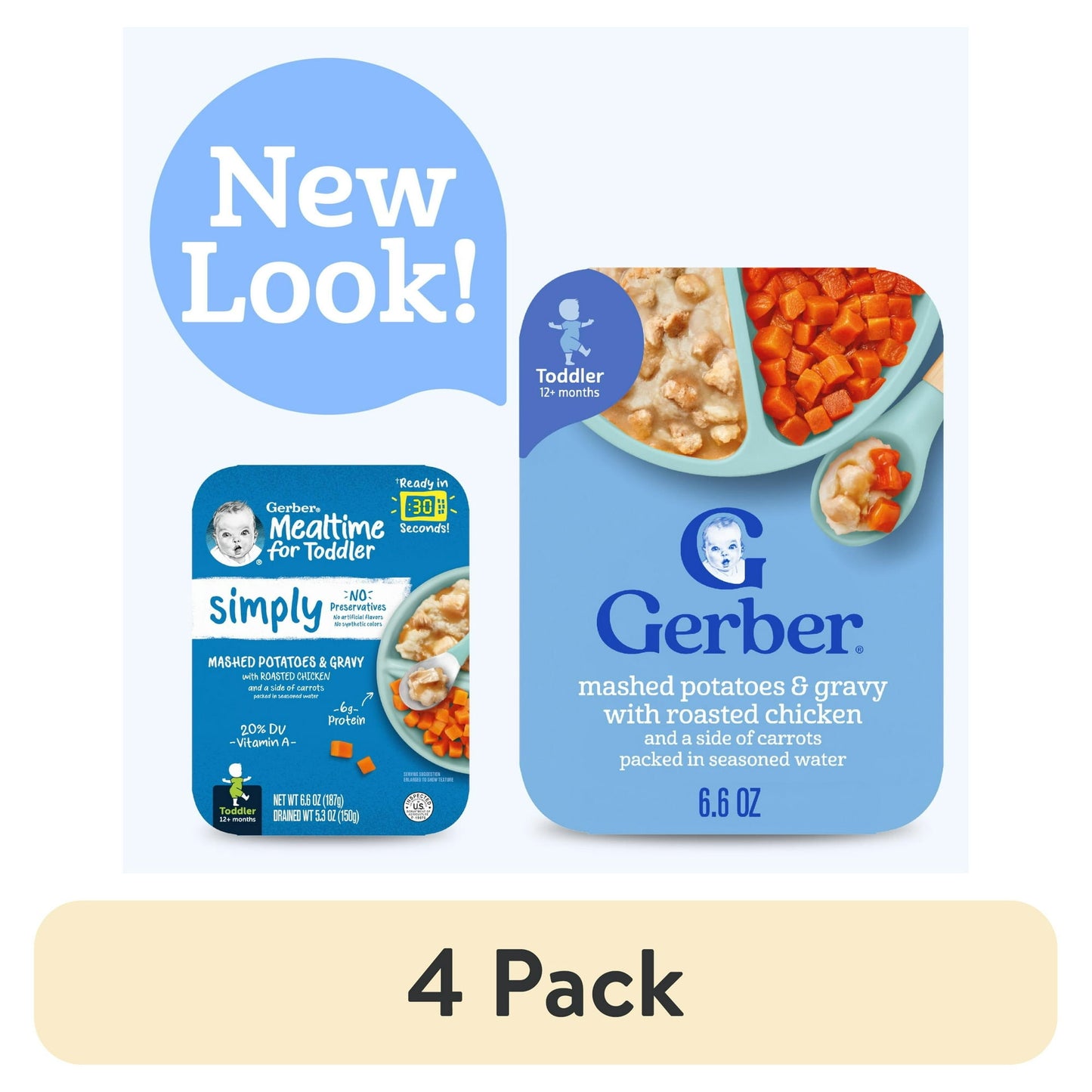 4 pack baby food packages with 'New Look!' label on a white background