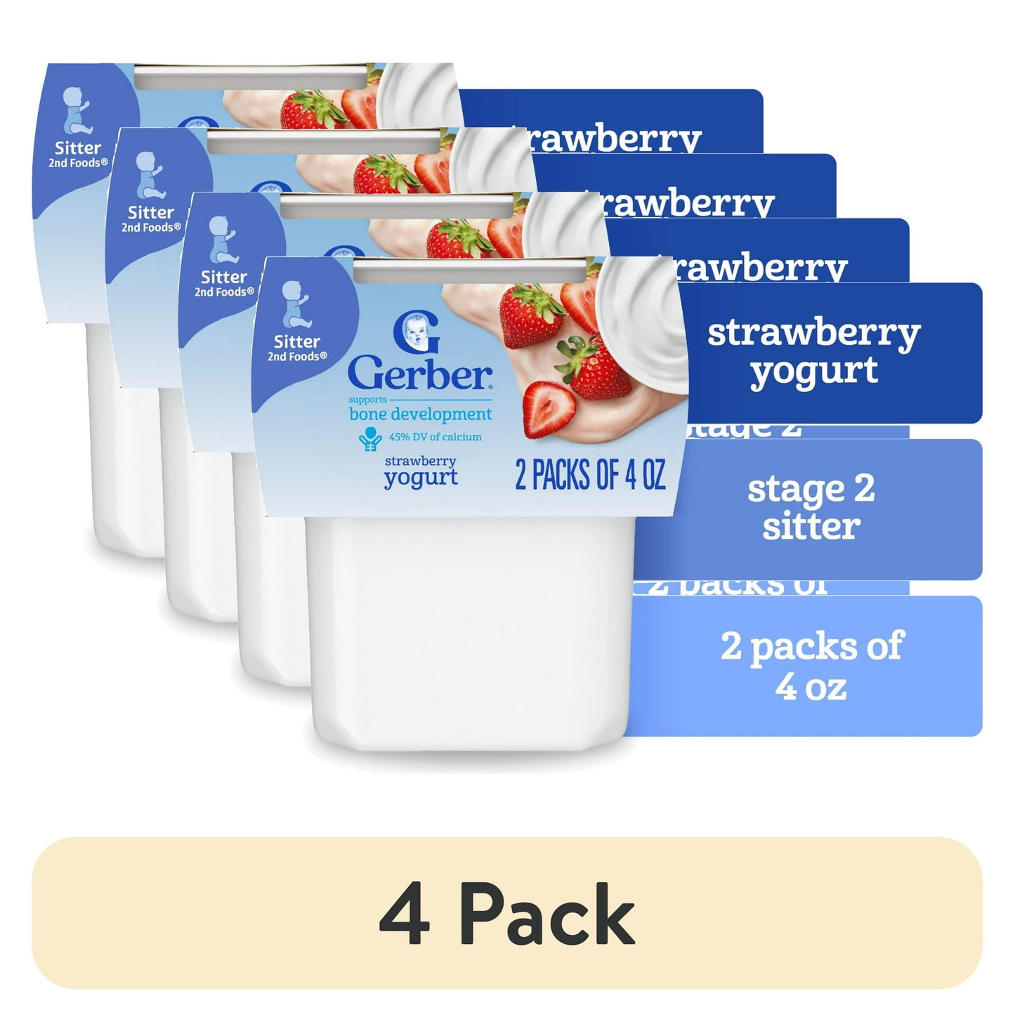 4 pack strawberry yogurt packaging with blue labels on a white background