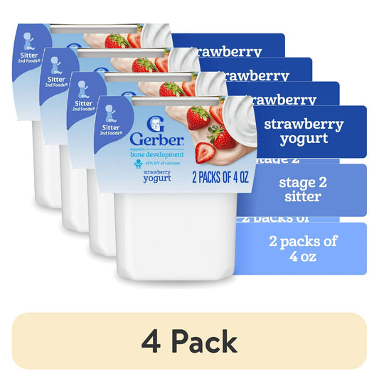 4 pack strawberry yogurt packaging with blue labels on a white background
