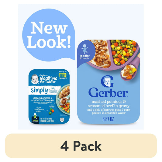 4 pack toddler food packages with 'New Look!' label and 4-pack indication.