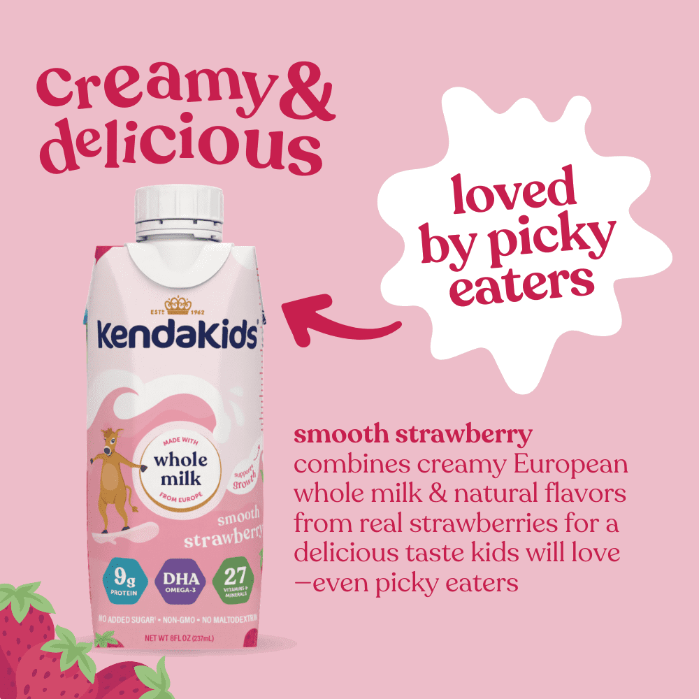 A carton of strawberry flavoured nutritional drink and text describing its features, with strawberries at the bottom