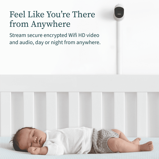 A baby sleeping in a crib with a baby monitor camera mounted above, featuring text about streaming video