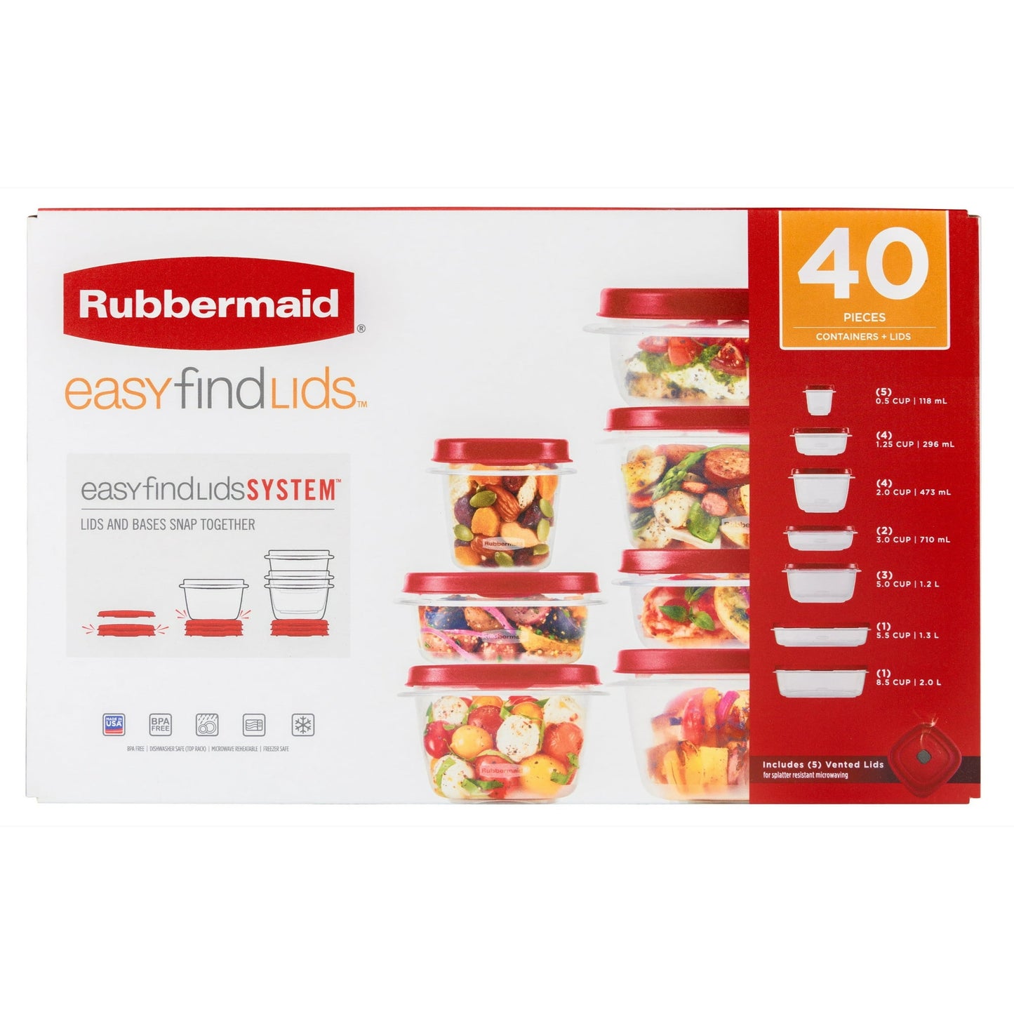 Rubbermaid EasyFindLids 40 Piece Food Storage Containers with Vented Lids Variety Set, Red