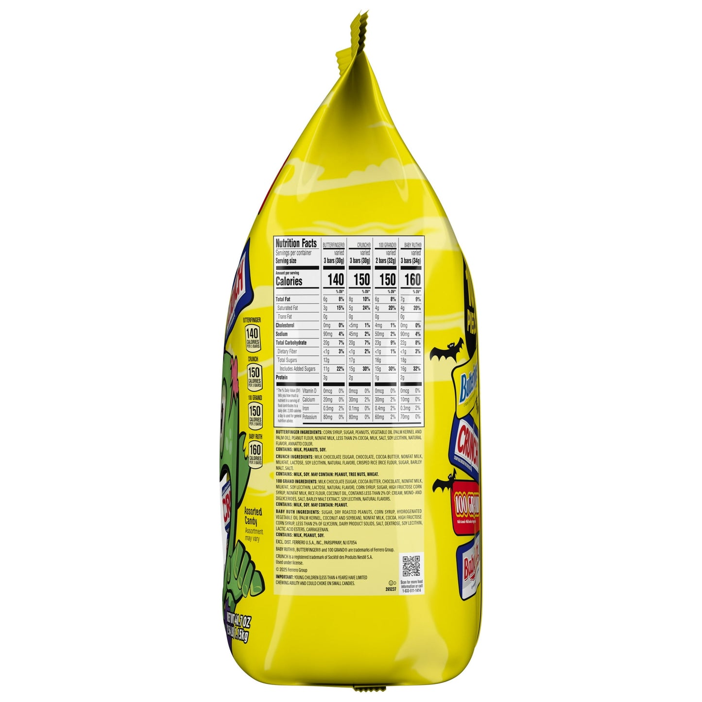 Assorted Chocolate (Butterfinger, Crunch, 100 Grand, Baby Ruth), 100ct Halloween