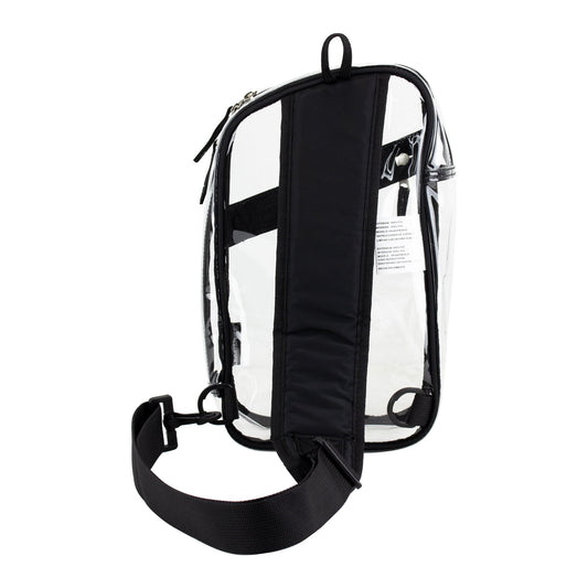 Compact transparent sling bag for carrying your phone, wallet, keys, water bottle, and personal accessories.
