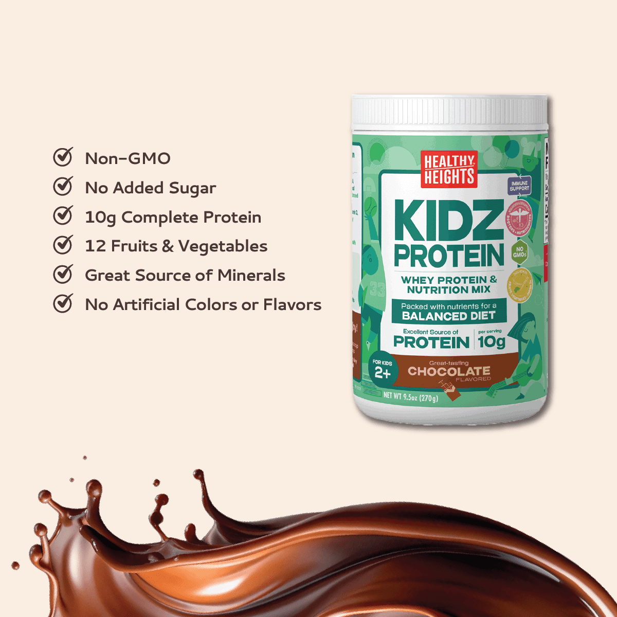 A canister of protein powder mix next to a chocolate liquid splash with nutritional claims listed