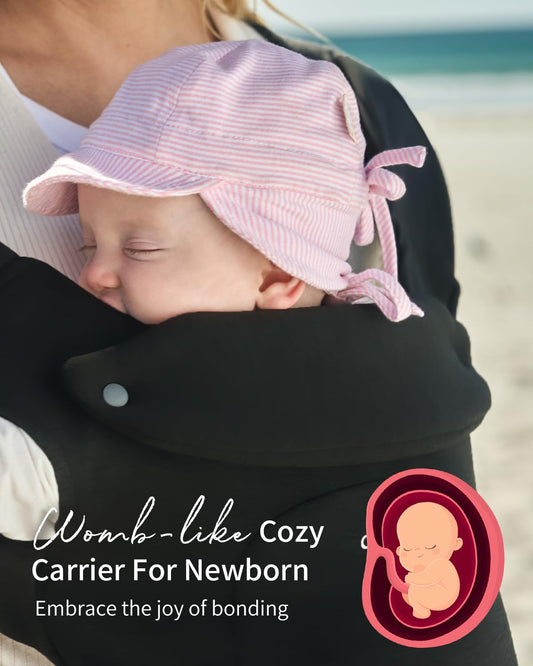 Image displaying a baby in a baby carrier and text about it's deetalis