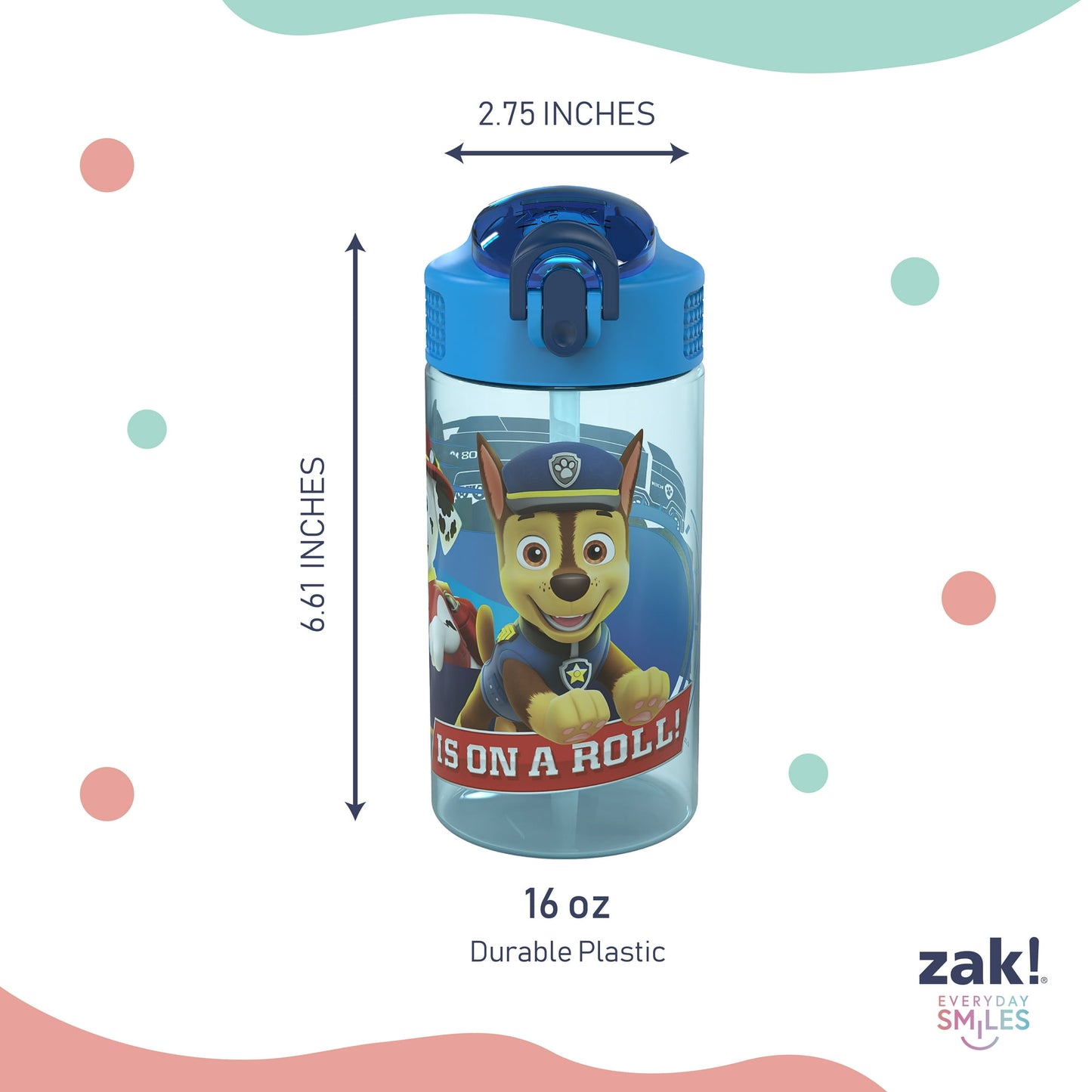 Zak Designs Kids Straw Water Bottle, Durable Plastic Park Bottle with Easy-Open Locking Spout Cover for Travel, Built in Carry Handle
