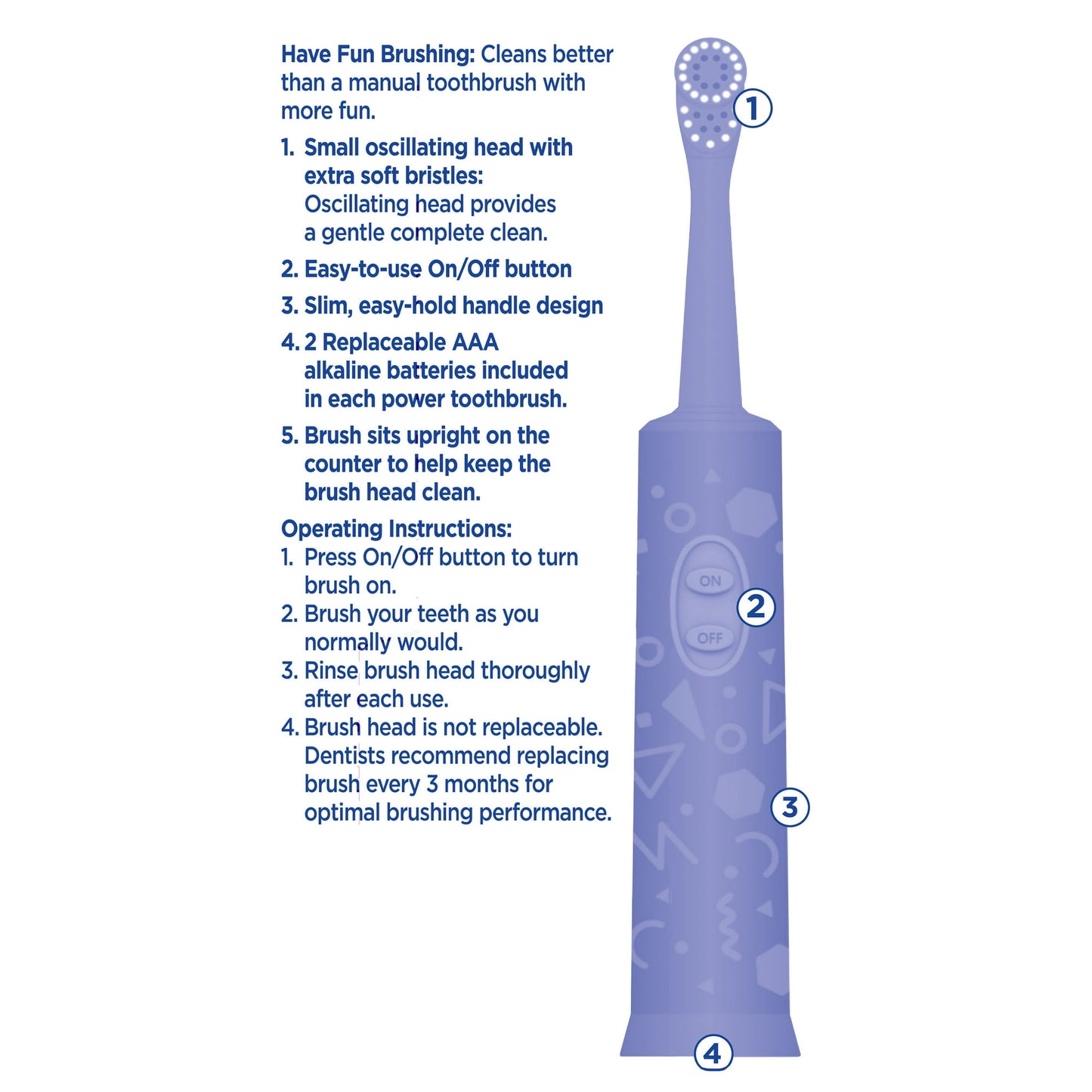 Equate Kids Oscillating Electric Toothbrush, Battery Powered, with Easy Hold Design, Extra Soft Bristles (1 Toothbrush, 2 AAA Batteries)