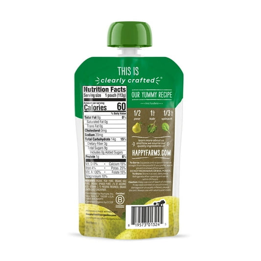 Happy Baby Organics Clearly Crafted, Stage 2 Pears Kale & Spinach Organic Baby Food, 4oz Pouch (12 pack)