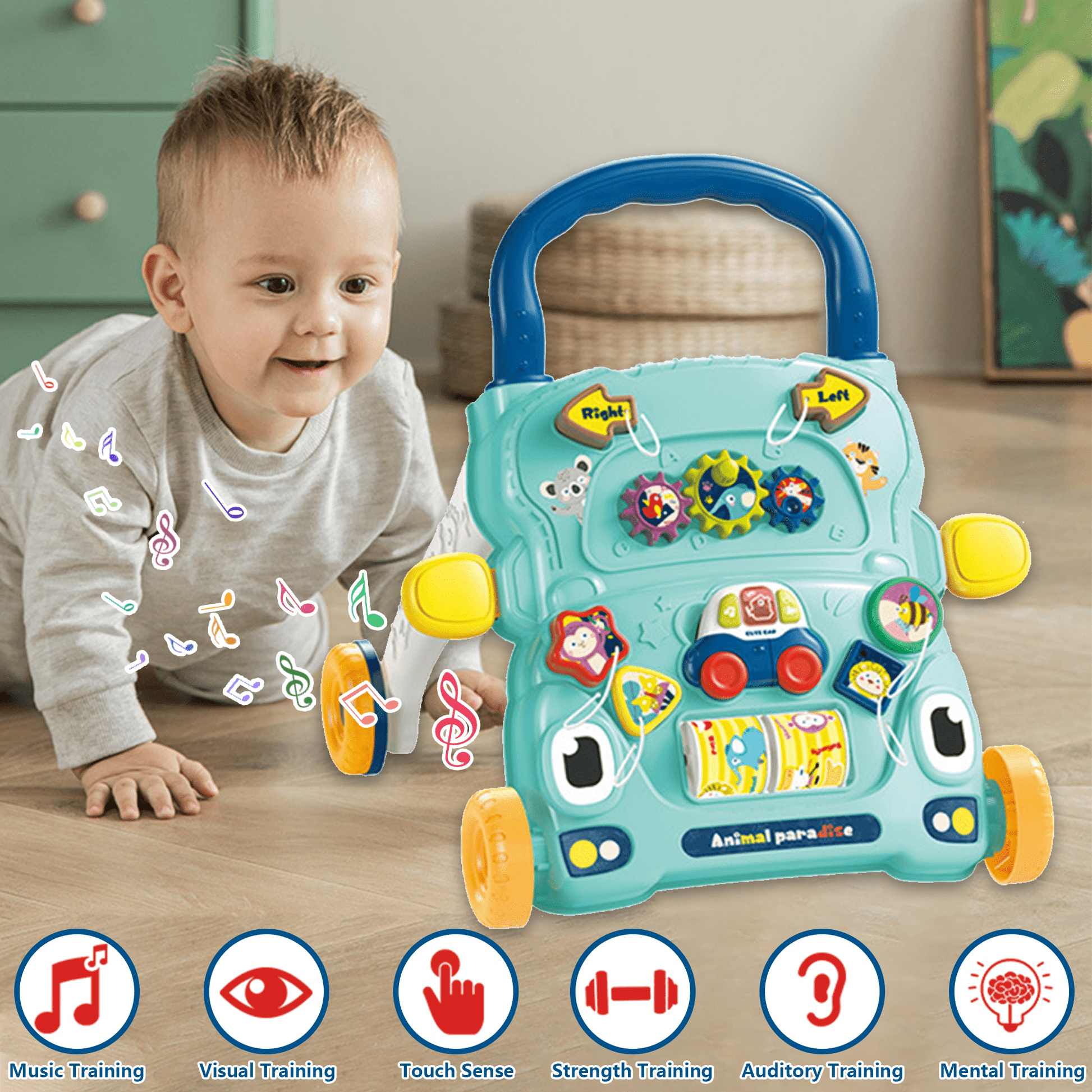 Image dsplaying a baby and a baby activity walker with instructions below