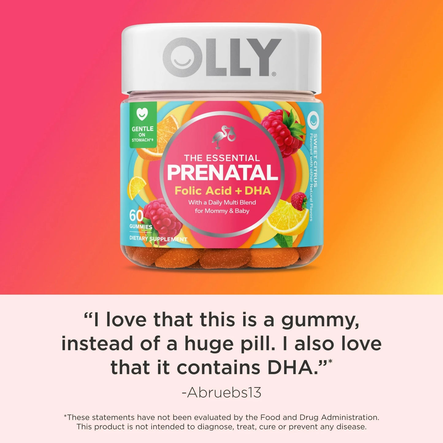 OLLY Prenatal Multivitamin Gummy Supplement, Folic Acid, Omega 3 DHA, Vitamin A & D, Citrus, 60 Ct