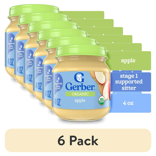 6 jars of Organic baby food with green lids on a white background