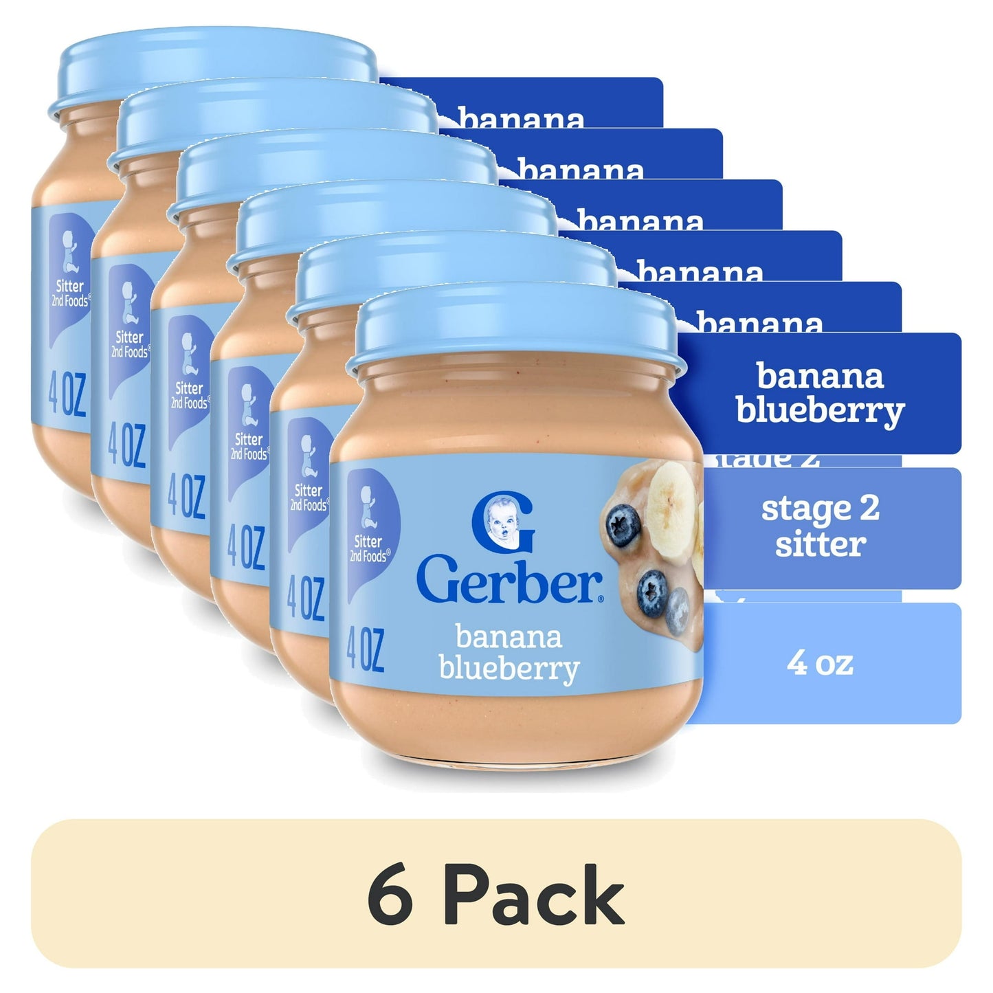 6 pack Jar of Gerber banana blueberry baby food with blue lid and label.