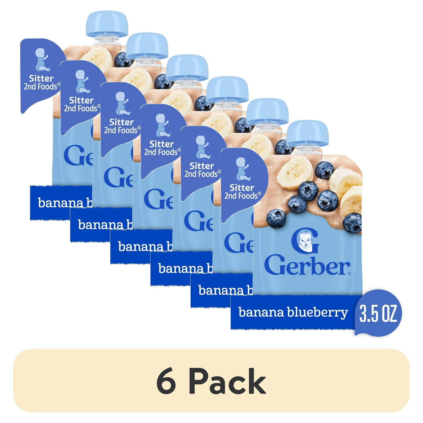 6 pack banana blueberry baby food pouch on a white background