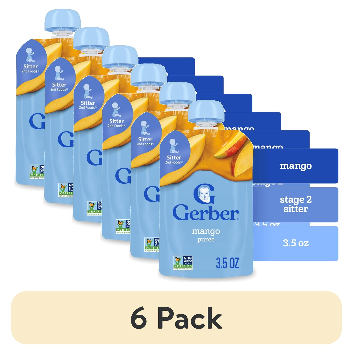 6 pack mango puree pouch on a white background