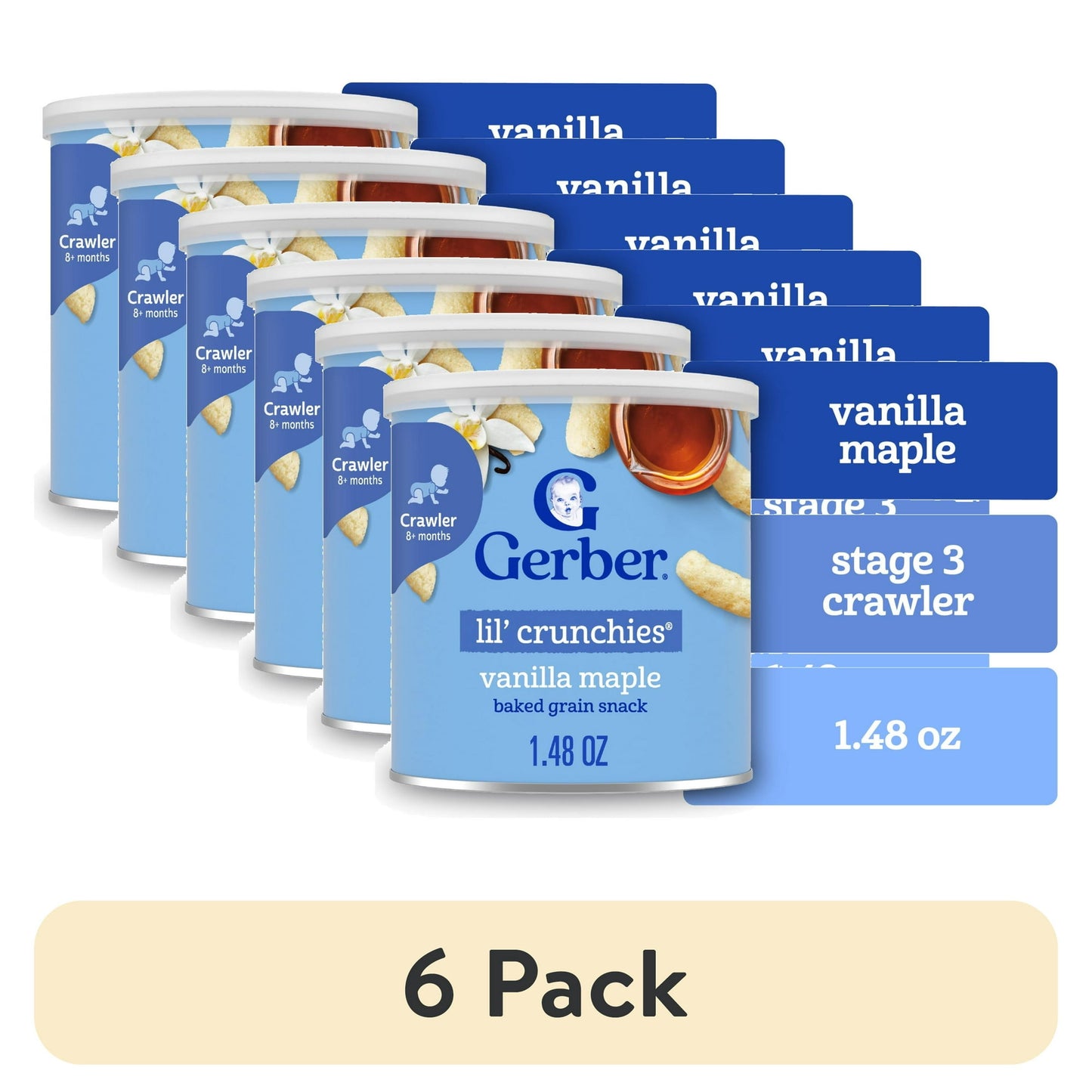 6 pack vanilla maple snack packaging on a white background