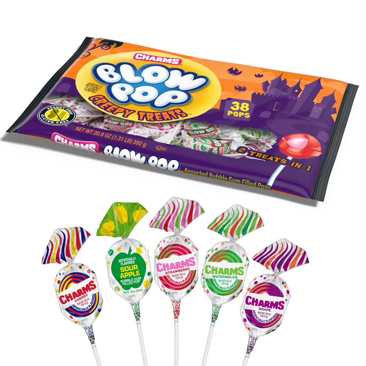 Charms Blow Pop, Halloween, Bubble Filled Gum Lollipops, 20.9 oz, 38 Piece Bag. Milk & Soy may be present.