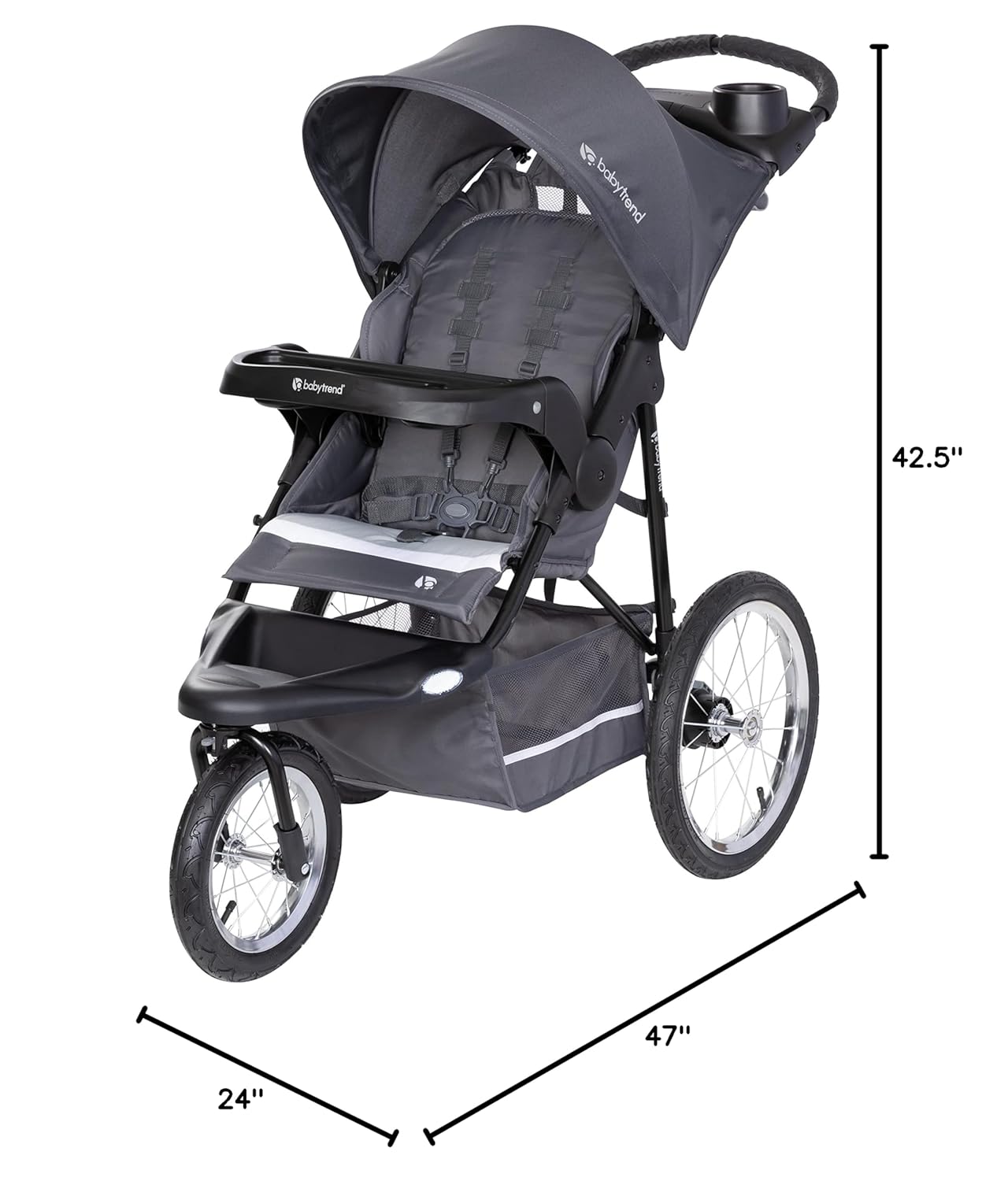 Image displaying a jogging stroller and it's dimensions