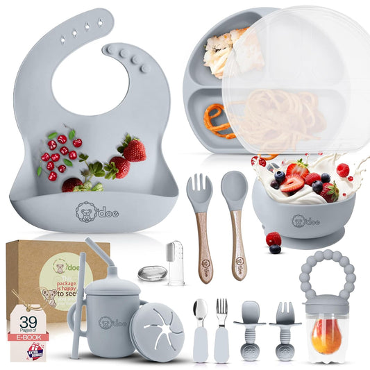 O'doe 17-Piece BPA-Free Silicone Baby Feeding Set | Thick & Soft Suction Plates