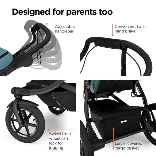 Image displaying a jogging stroller with text about it’s details
