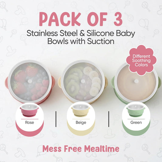 Set of BPA-free baby suction bowls made from stainless steel and food-grade silicone, ideal for toddlers and babies.