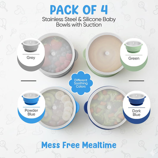 Set of BPA-free baby suction bowls made from stainless steel and food-grade silicone, ideal for toddlers and babies.