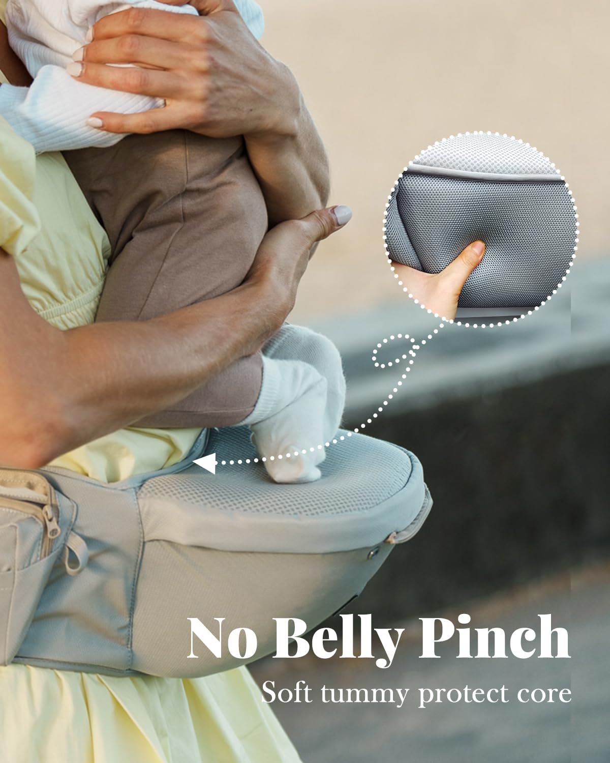 Image displaying a baby in a baby carrier and text about it's details