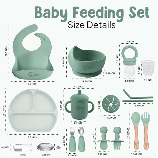 O'doe 17-Piece BPA-Free Silicone Baby Feeding Set | Thick & Soft Suction Plates, Baby Bowls, Wooden Fork & Spoon, and More