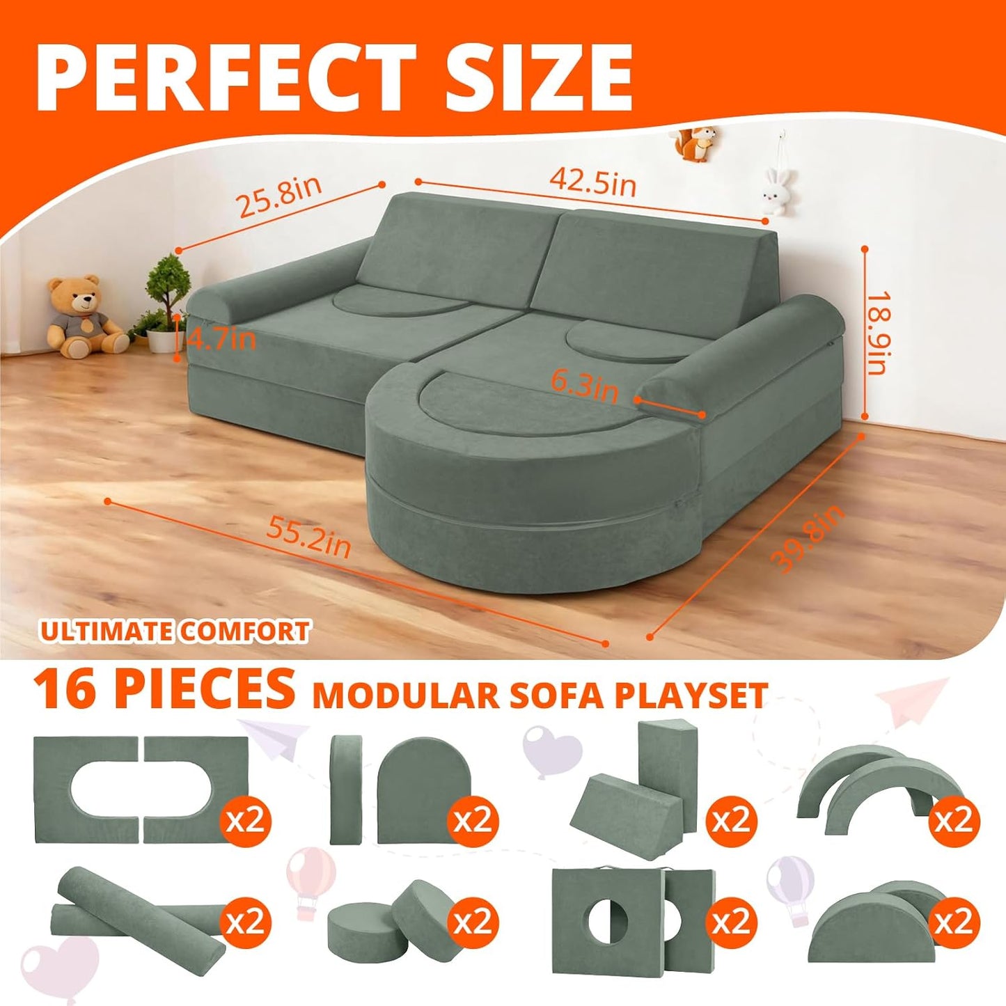 Image displaying a soft modular play furniture and it's dimension
