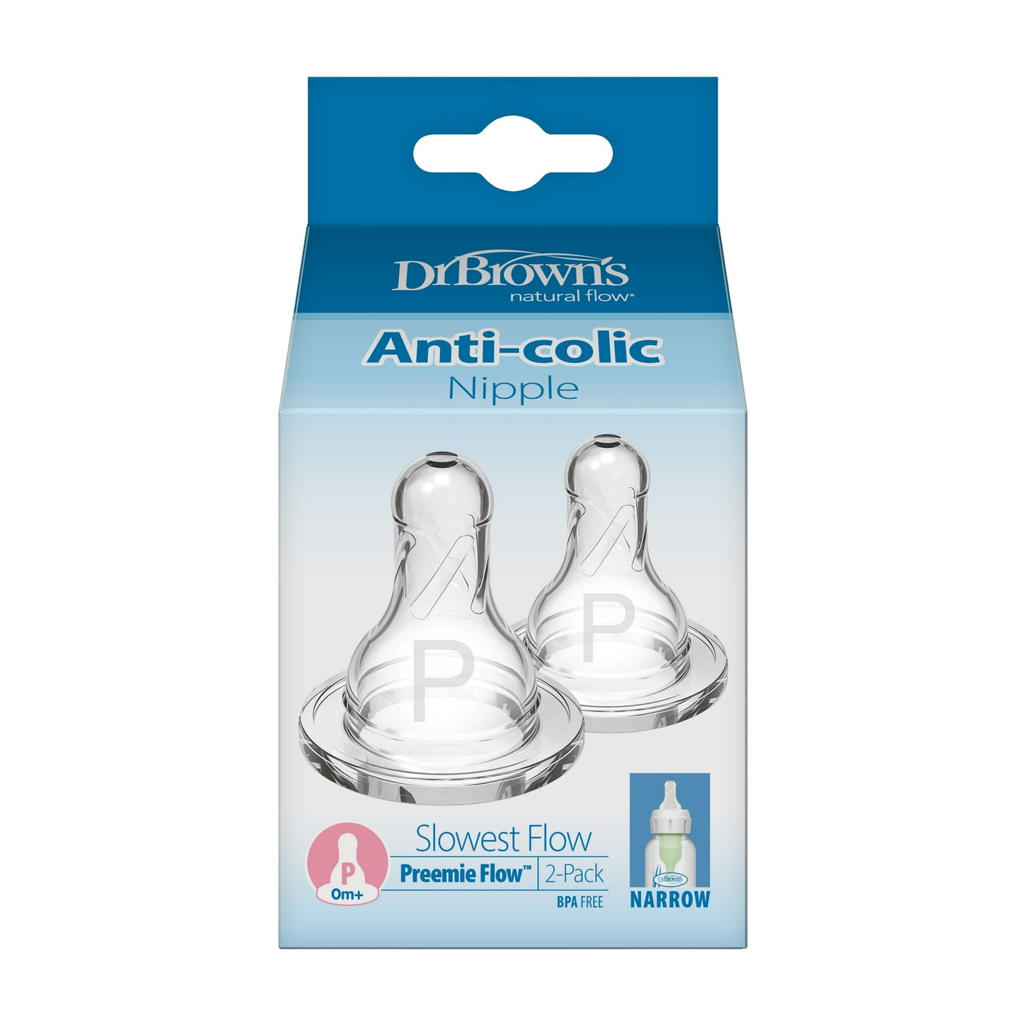 (2 pack) Dr. Brown's Natural Flow Preemie Flow Narrow Baby Bottle Silicone Nipple, Slowest Flow, 0m+, 100% Silicone Bottle Nipple, 2-Pack