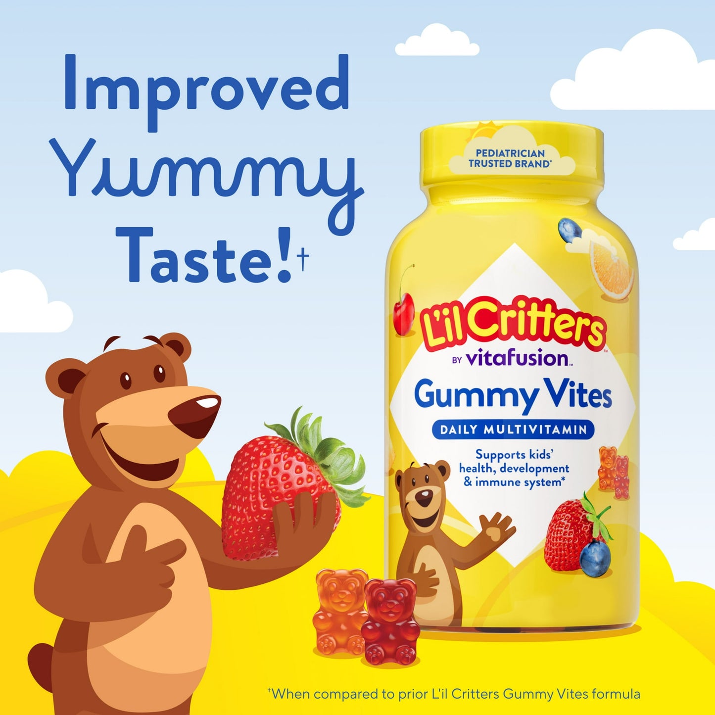 Image showing a Daily wellness supplement product for kids with text and a cartoon bear character
