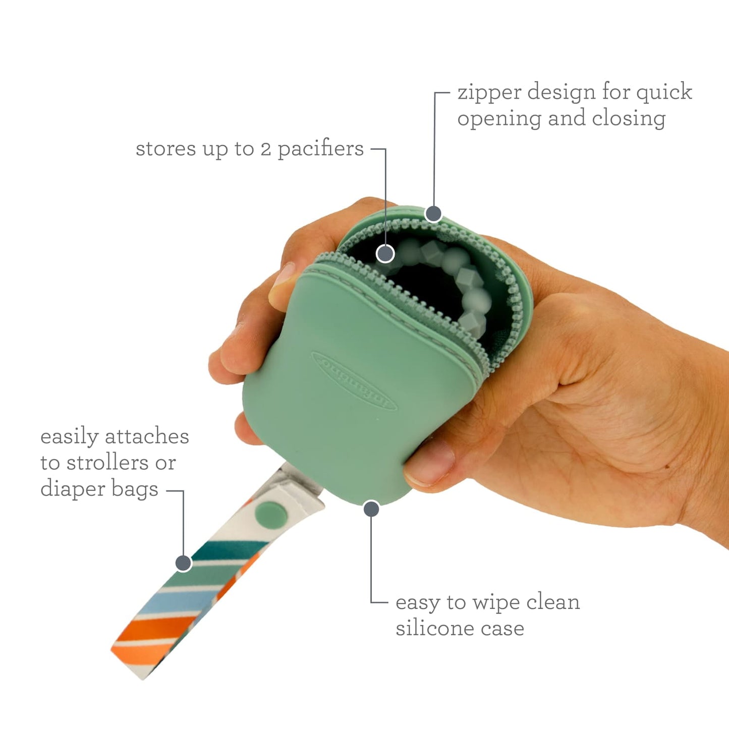 Infantino PaciPod, Premium Silicone Pacifier Holder for 2 Pacifiers, 6-12 Months, Unisex, Sage