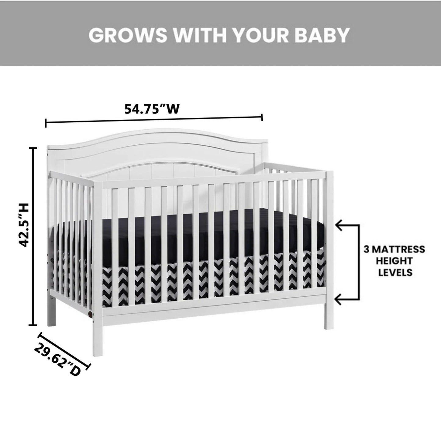 A white baby crib with its dimensions and three mattress height levels displayed