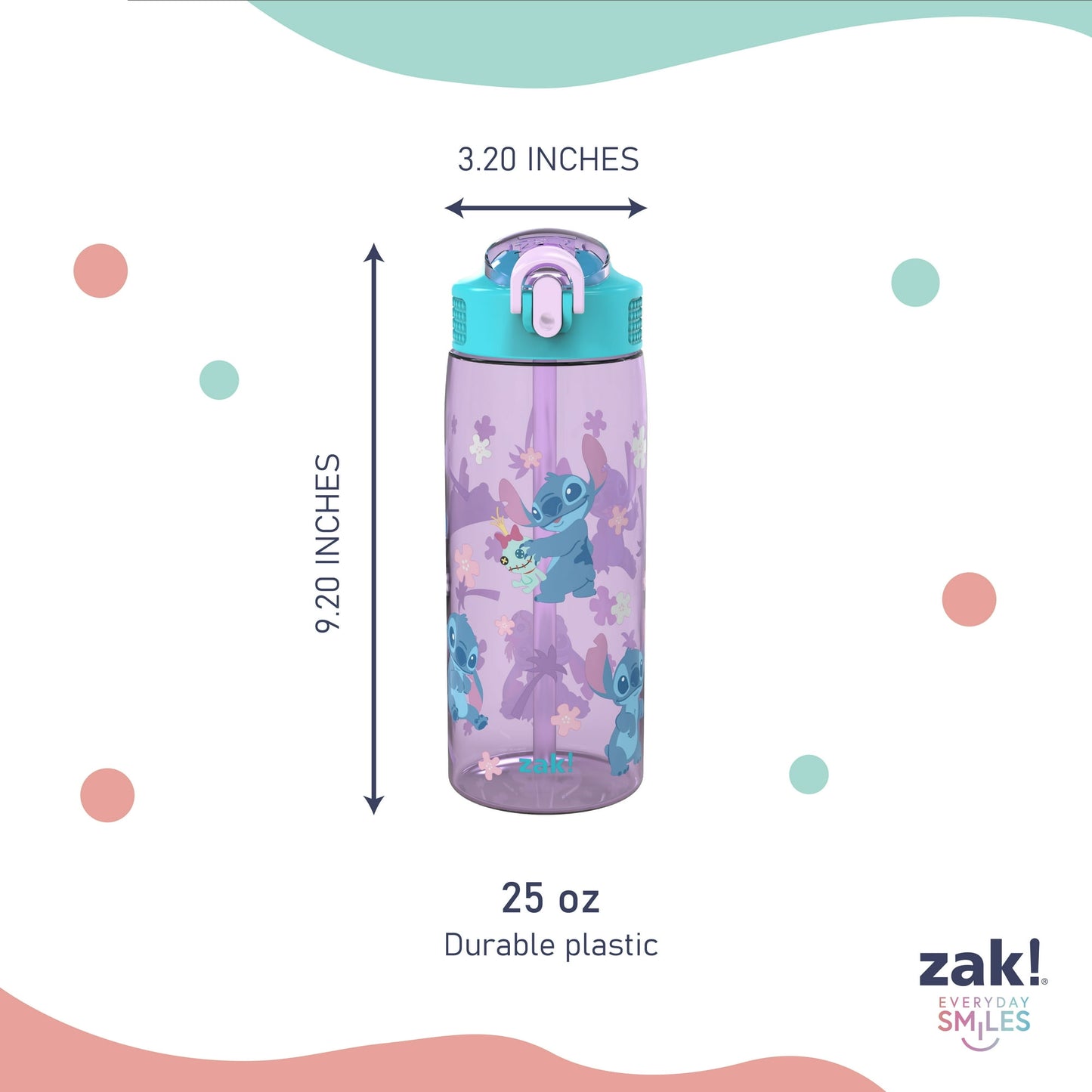 Zak Designs 25oz Durable Plastic Park Water Bottle with Straw, Easy Open Locking Spout Cover for Travel, and Built In Carry Handle