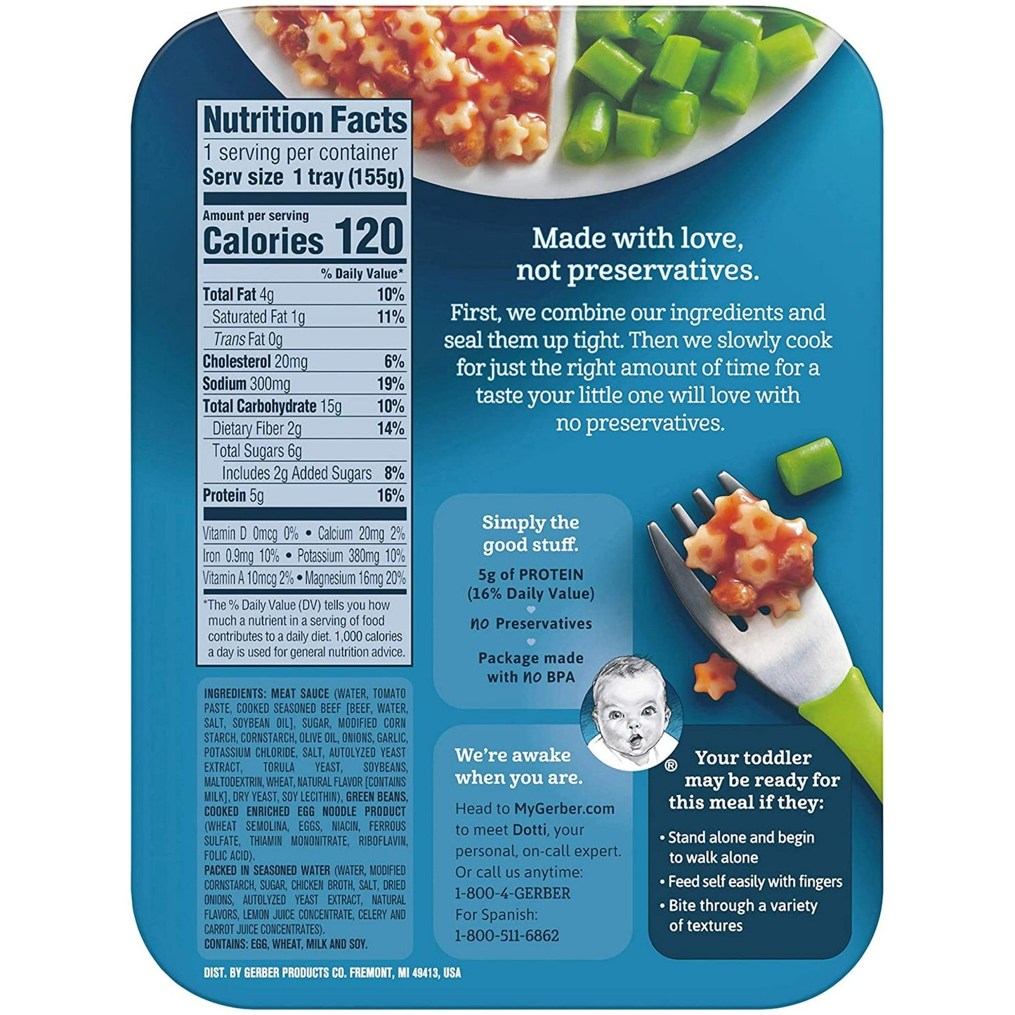 Gerber Lil Entrees, Pasta Stars in Meal Sauce with Green Beans - 6.6 oz, 4 Count