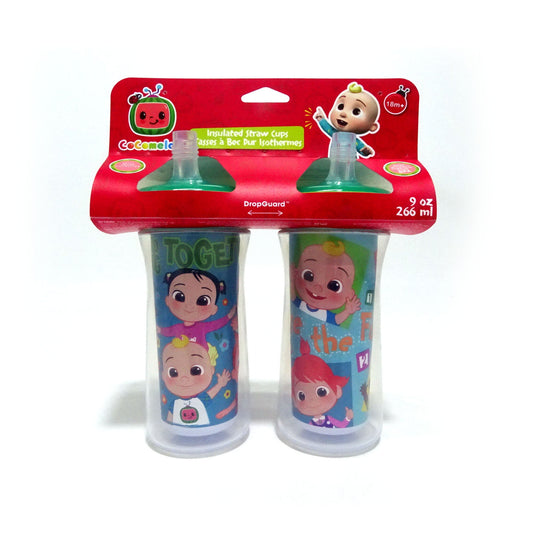 Cocomelon Insulated Straw Cups - Silicone Straw Cups for Toddlers - Kids Water Bottles - Blue  - 2 Count- Ages 18 Months and Up